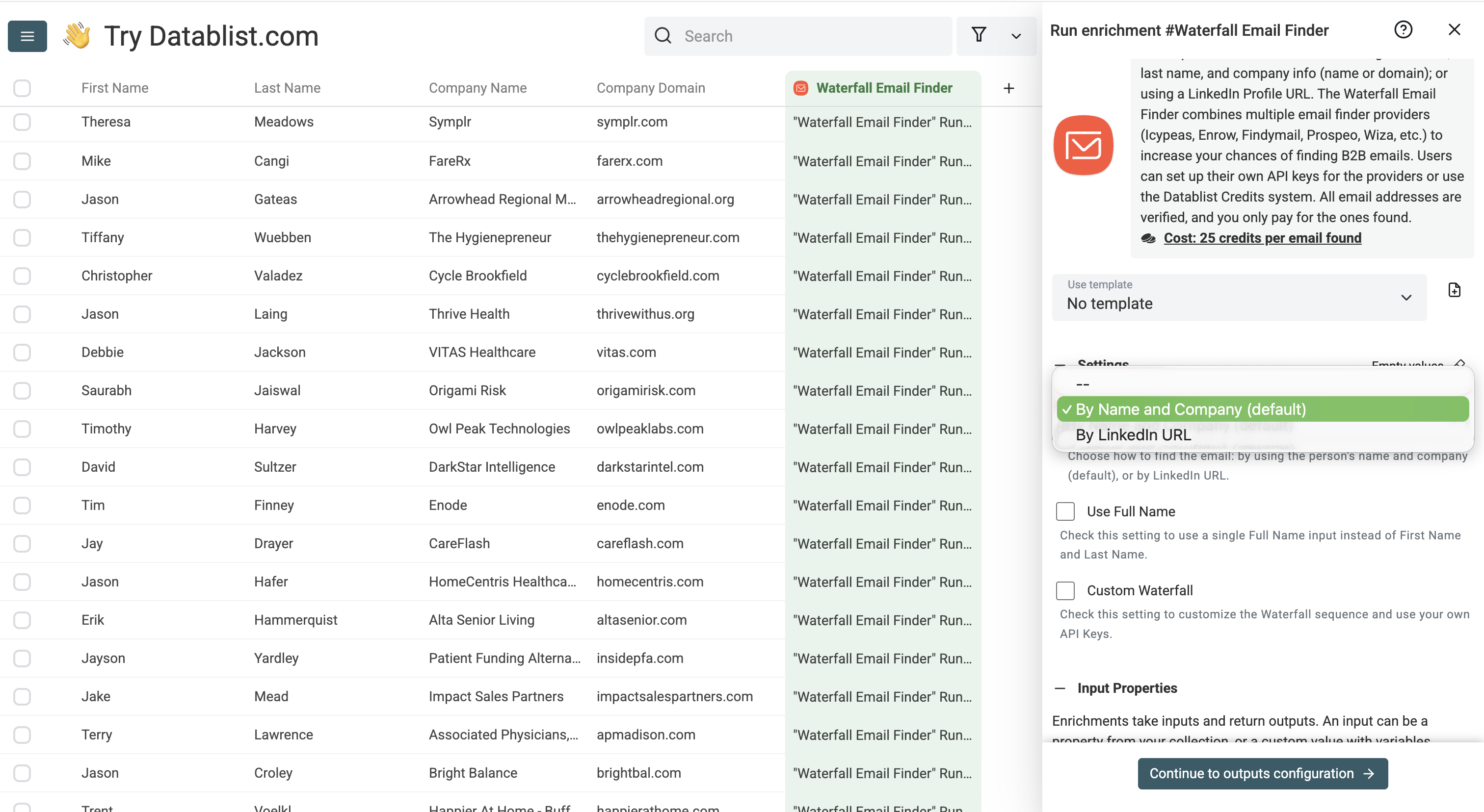 Waterfall Email Finder - Set Up the Enrichment