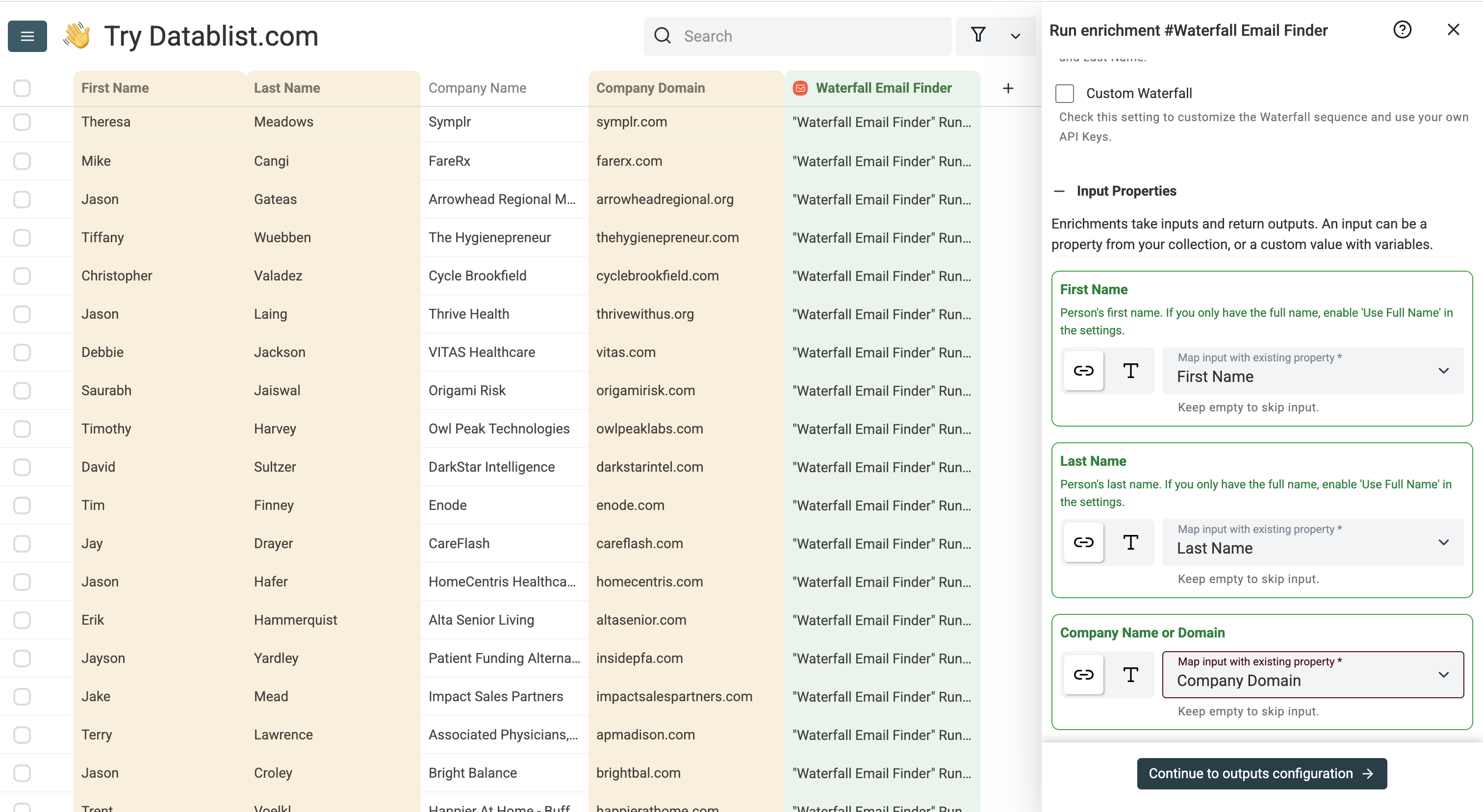 Waterfall Email Finder - Configure Your Inputs