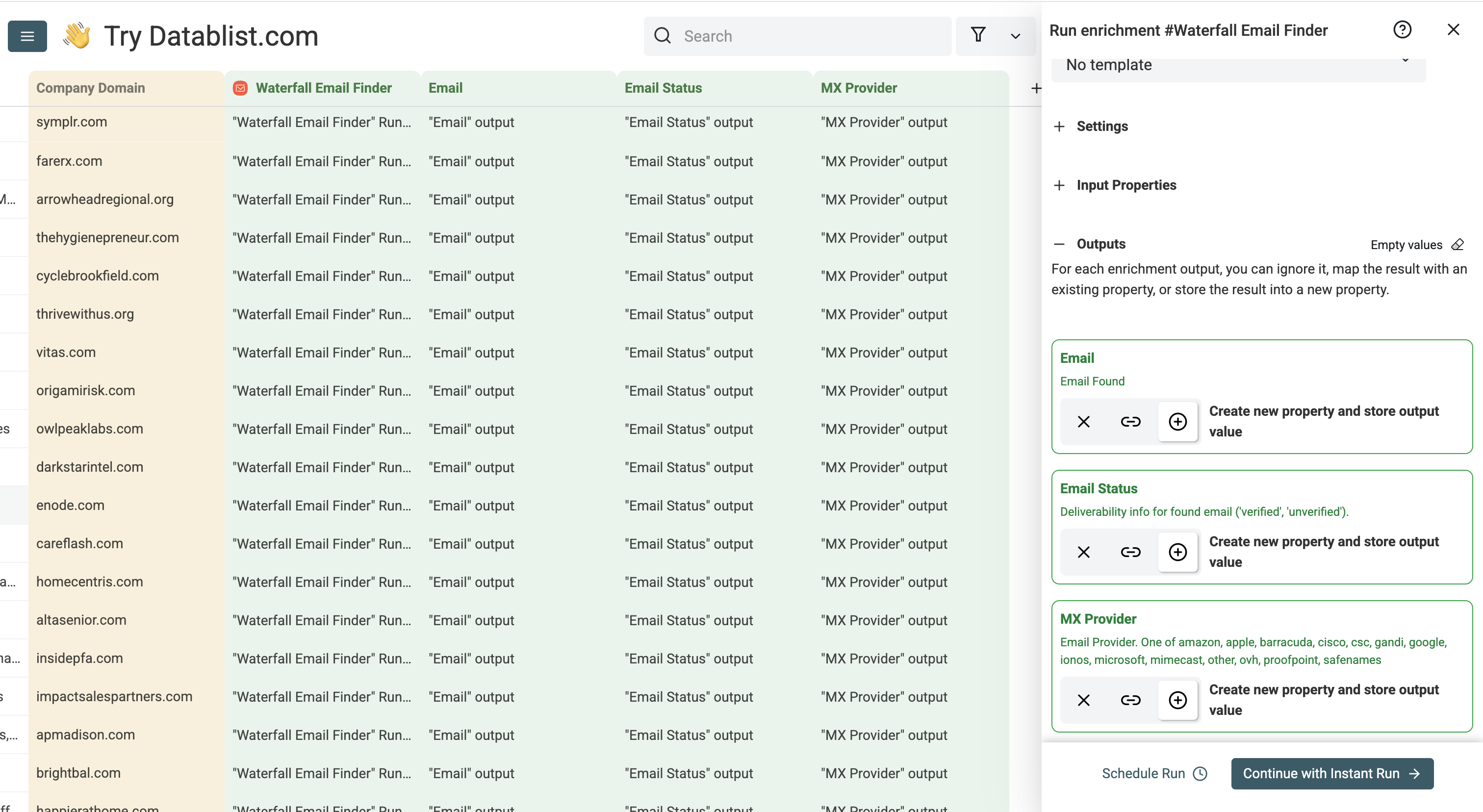 Waterfall Email Finder - Select Outputs