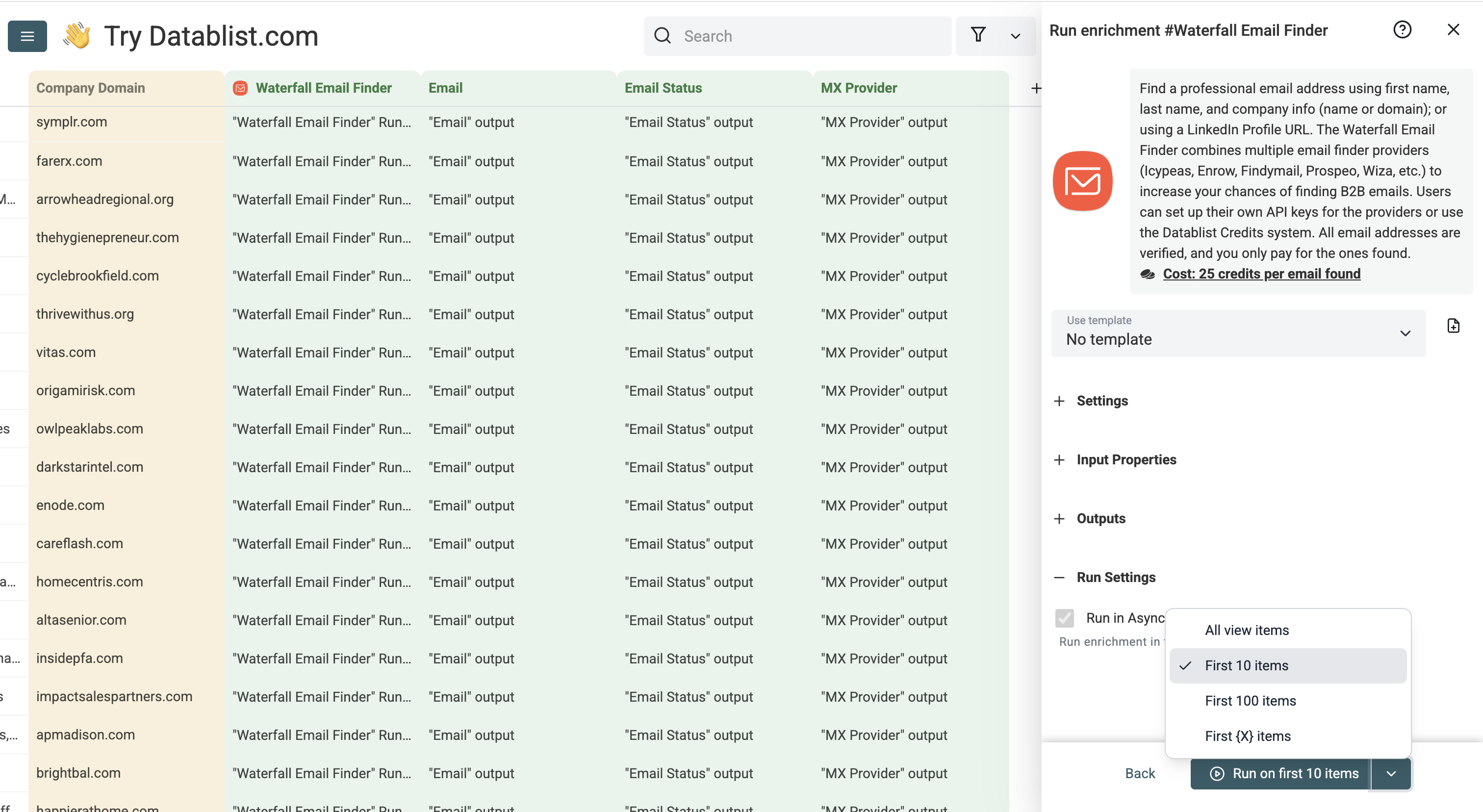 Waterfall Email Finder - Run Options
